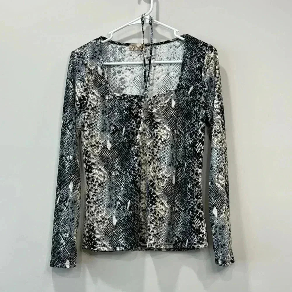 Lavish Women’s Blue and Tan Snakeskin Print Long Sleeve Top - Size M NWOT